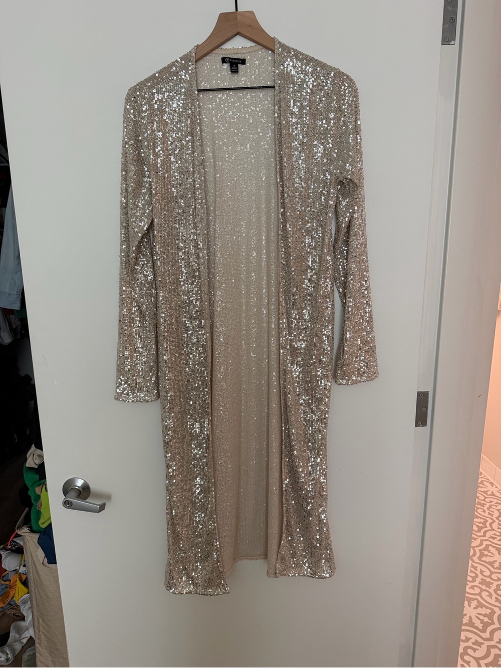 Express Sequin Long Open Cardigan - Champagne Gold